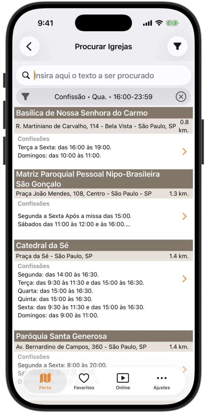 Horários de Missa app - Lista de igrejas católicas mais próximas