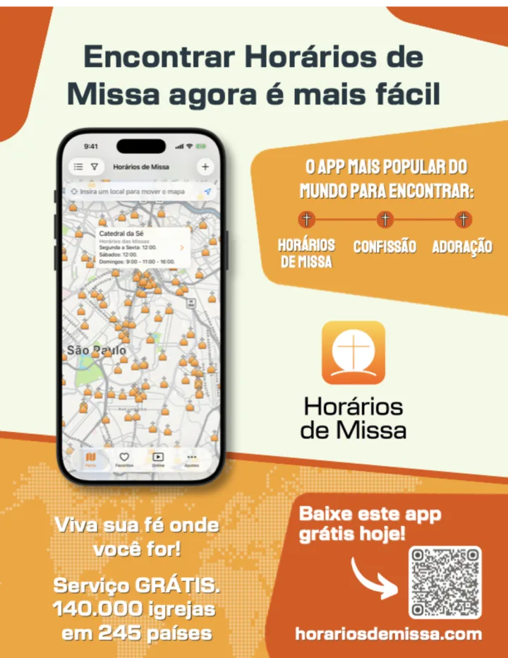 Horários de Missa - Compartilhe este aplicativo publicando este cartaz no quadro de avisos da sua paróquia.